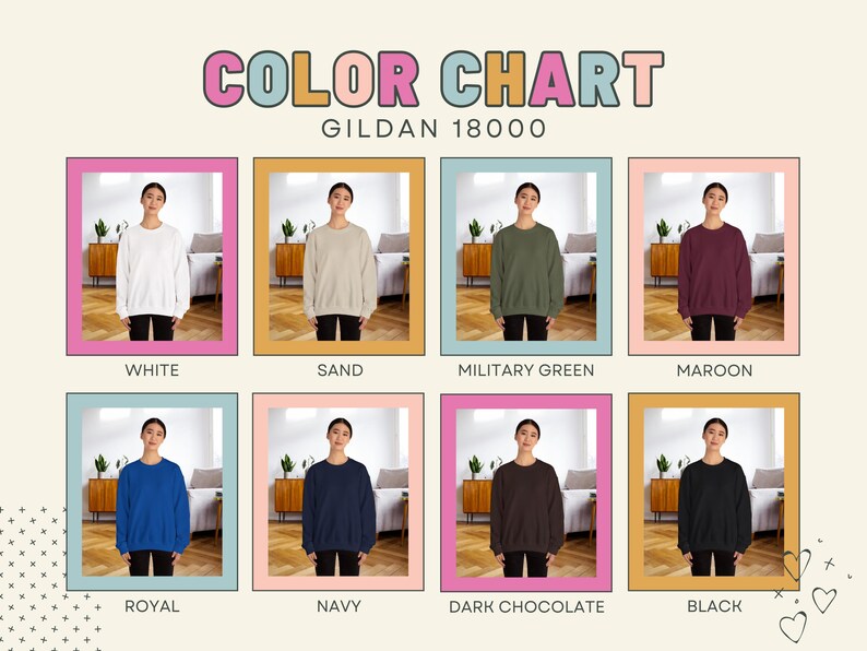 Pode incluir: Tabela de cores com oito cores diferentes de camisolas: branco, areia, verde militar, bord&ocirc;, azul royal, marinho, chocolate preto e preto. Cada cor &eacute; exibida em uma pessoa vestindo a camisola. O texto "TABELA DE CORES" e "GILDAN 18000" est&atilde;o no topo.