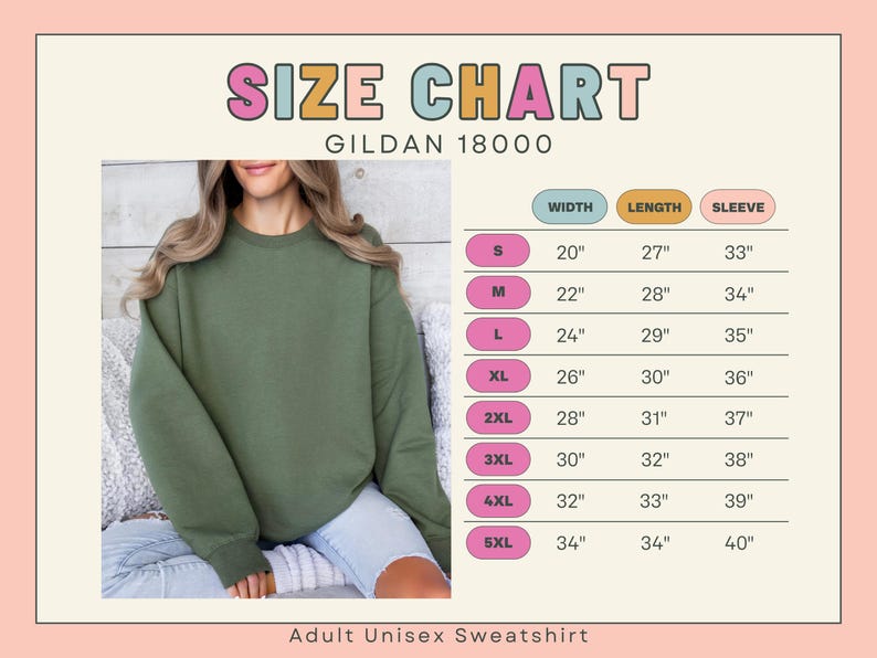Pode incluir: Uma camisola unissexo para adultos verde-oliva &eacute; mostrada com uma tabela de tamanhos. A tabela lista os tamanhos S a 5XL, com medidas de largura, comprimento e comprimento da manga em cent&iacute;metros. A camisola &eacute; da Gildan, estilo 18000.