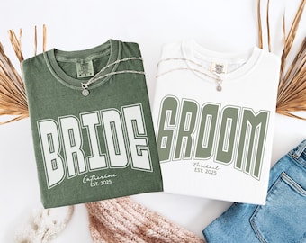 Camiseta de colores cómodos para novios, camisa de boda personalizada, conjunto de camiseta personalizada para novios, regalo personalizado con nombre y fecha para novios.
