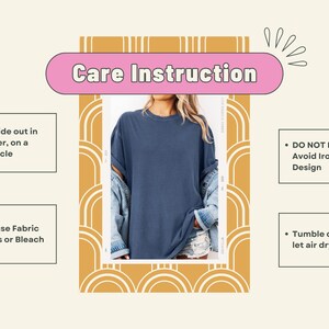 May include: A blue t-shirt with care instructions. The text on the image says to wash inside out in cold water on a gentle cycle, do not dry clean, avoid ironing on the design, do not use fabric softeners or bleach, and tumble dry low or let air dry.