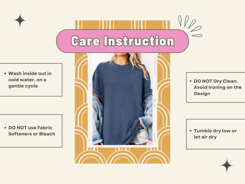 May include: A blue t-shirt with care instructions. The text on the image says to wash inside out in cold water on a gentle cycle, do not dry clean, avoid ironing on the design, do not use fabric softeners or bleach, and tumble dry low or let air dry.
