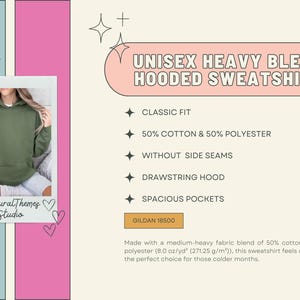 May include: Olive green unisex heavy blend hooded sweatshirt. Features include a drawstring hood, spacious pockets, and is made of a 50% cotton and 50% polyester blend. The sweatshirt is a classic fit and has no side seams.