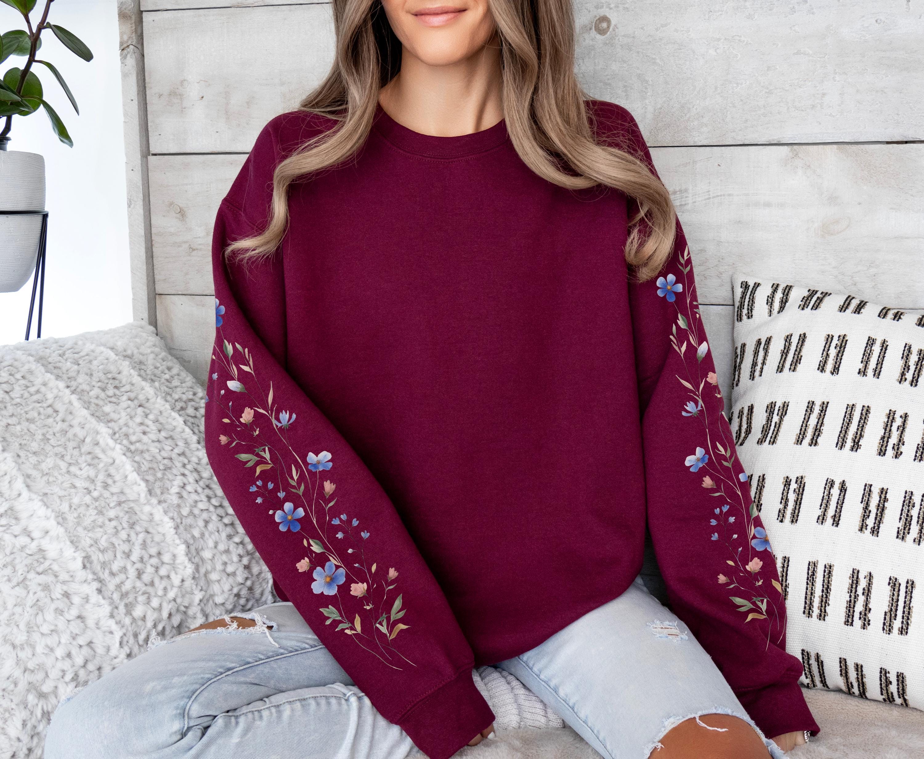 Cozy Floral Sleeve Print Sweatshirt, Wildflower Graphic, Unique