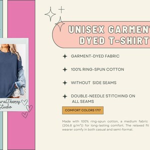 May include: A navy blue unisex garment-dyed t-shirt. The image shows a person wearing the shirt with a denim jacket. The shirt features garment-dyed fabric, 100% ring-spun cotton, and double-needle stitching.