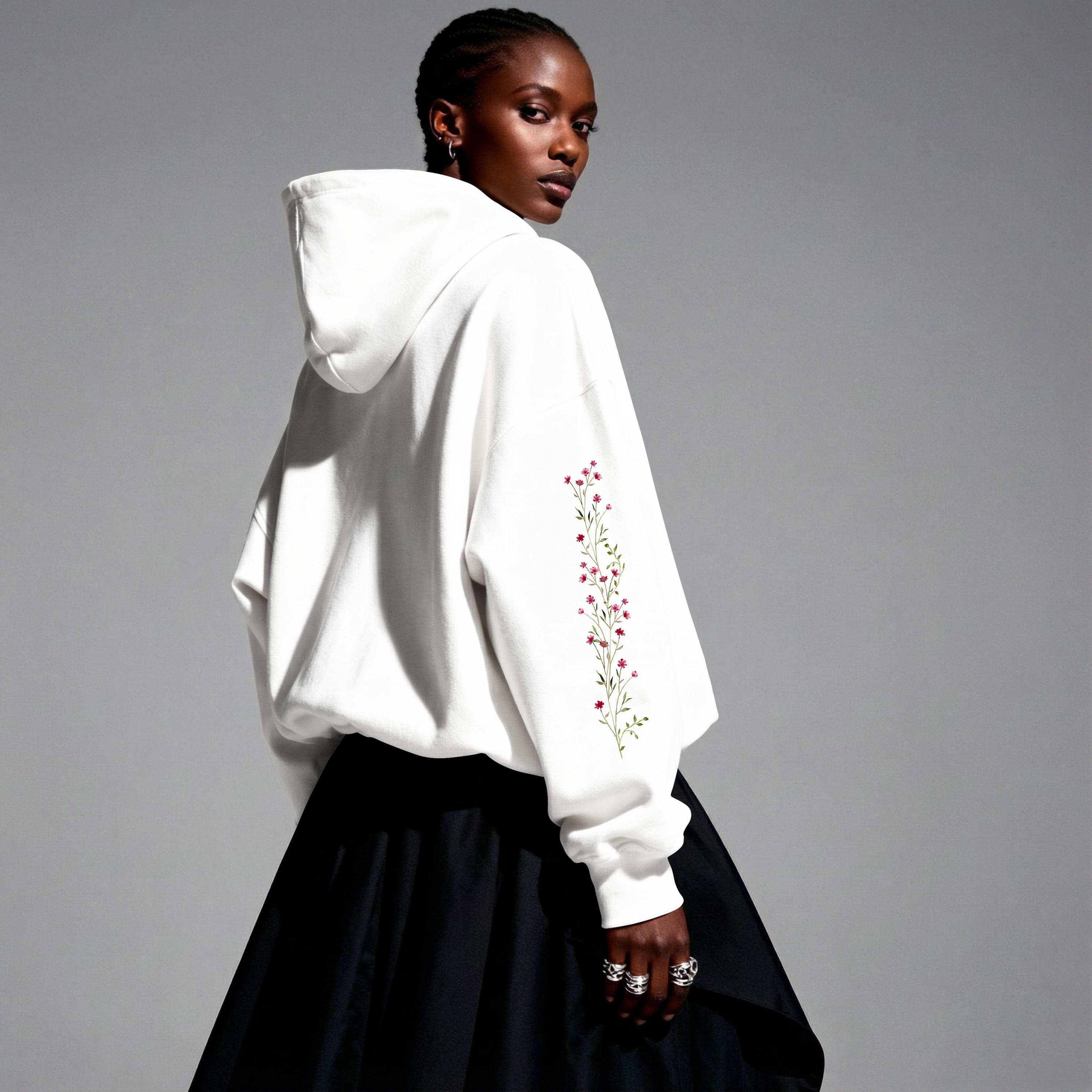 Delicate Wildflower Sleeve Full-zip Hoodie, Cottagecore Floral