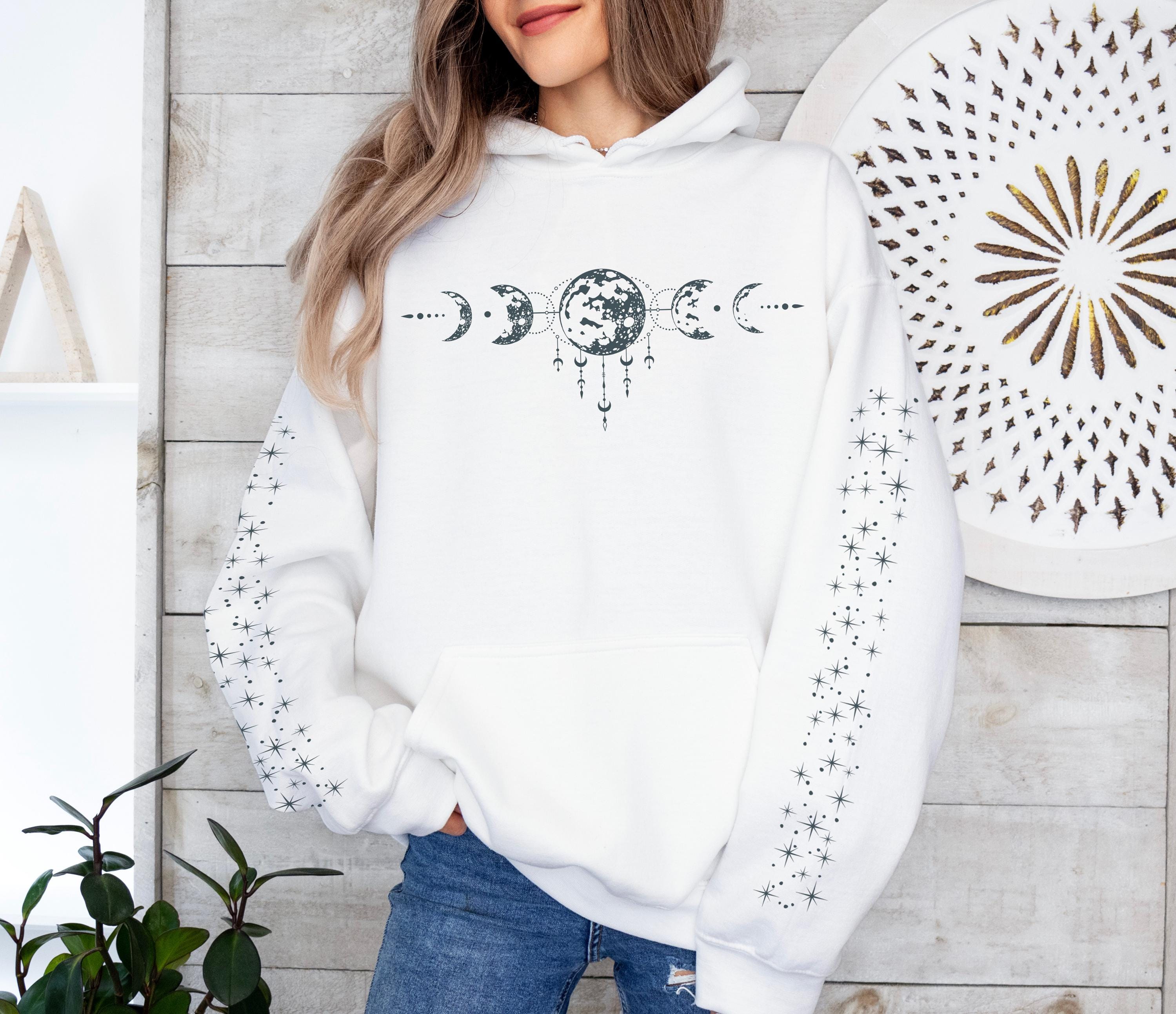 Celestial Moon Phase Hoodie, Star Sleeve Design Aesthetic Pullover