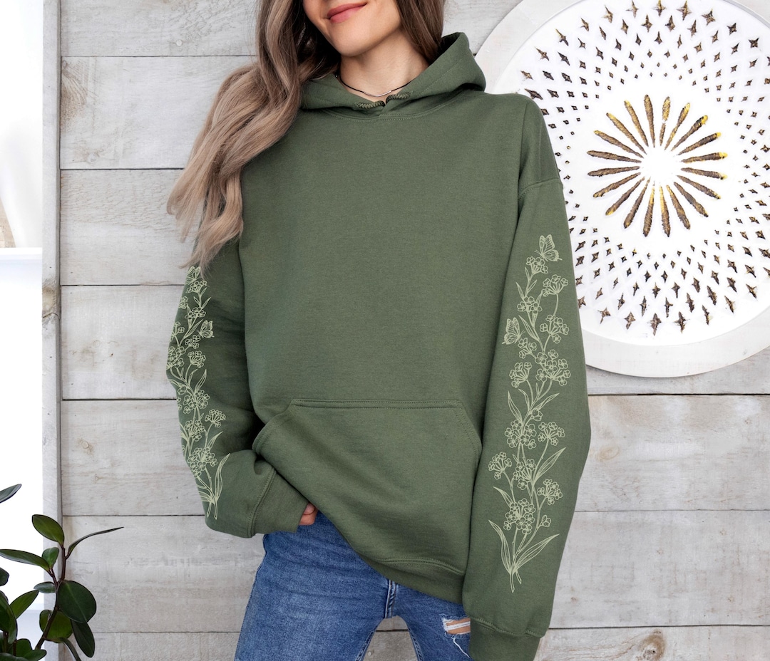 Floral Sleeve Hoodie With Butterflies, Aesthetic Boho Cottagecore ...