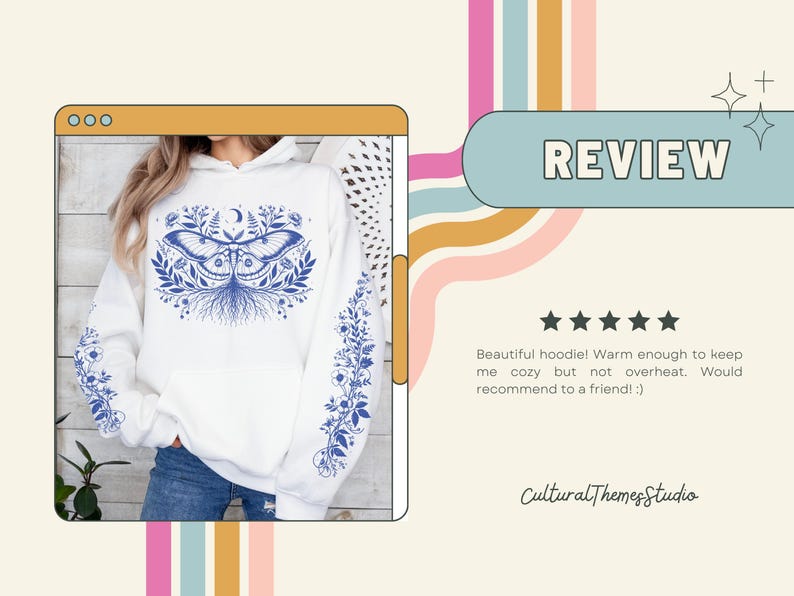 May include: White hoodie with a blue moth and floral design on the front and sleeves. The word "REVIEW" is in a blue oval. The text "Cultural Themesstudio" is at the bottom.