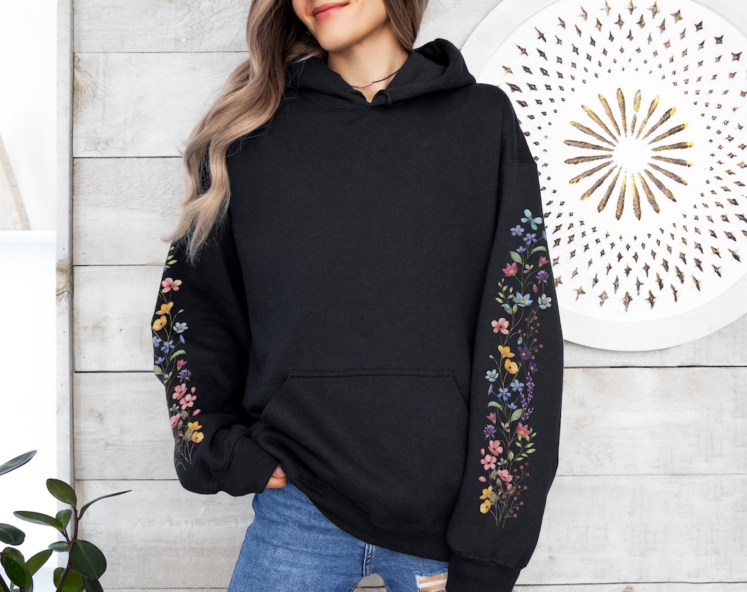 Wildflower Meadow Sleeve Design Hoodie, Cottagecore Floral Design ...