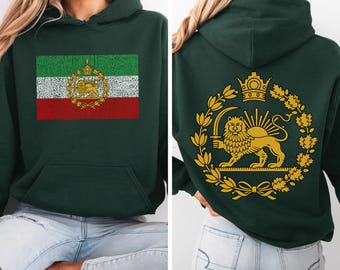 Lion and Sun Iran Hooded Sweatshirt, Persian Flag Graphic Top, Shir-o-Khorshid Emblem Pullover, Iranian Heritage Gift, Patriotic Persian Top