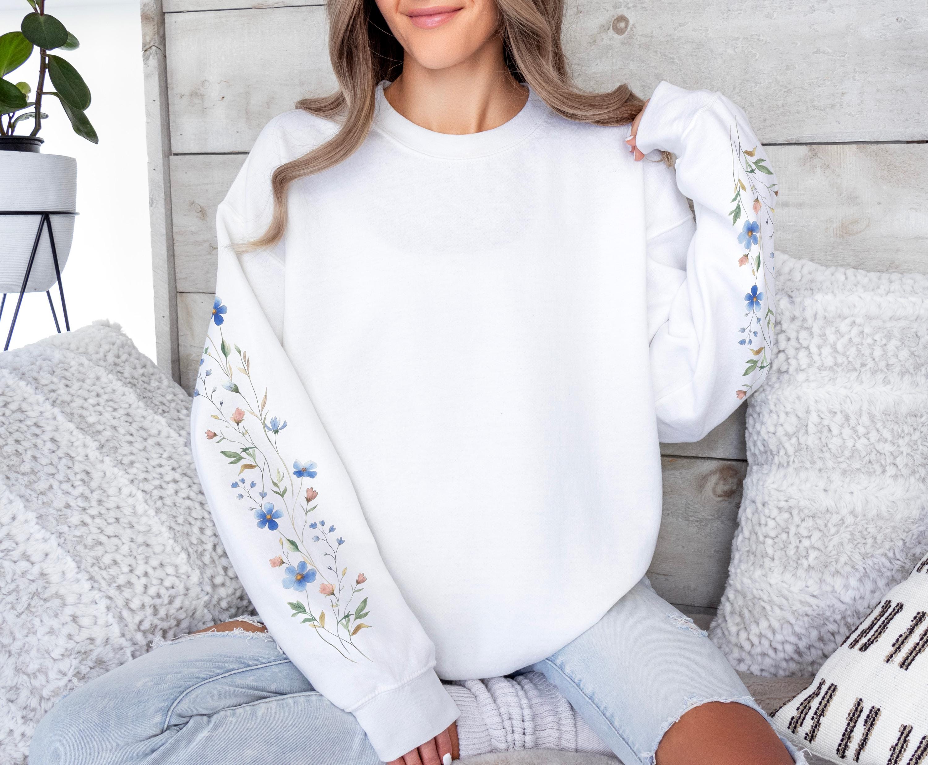 Cozy Floral Sleeve Print Sweatshirt, Wildflower Graphic, Unique