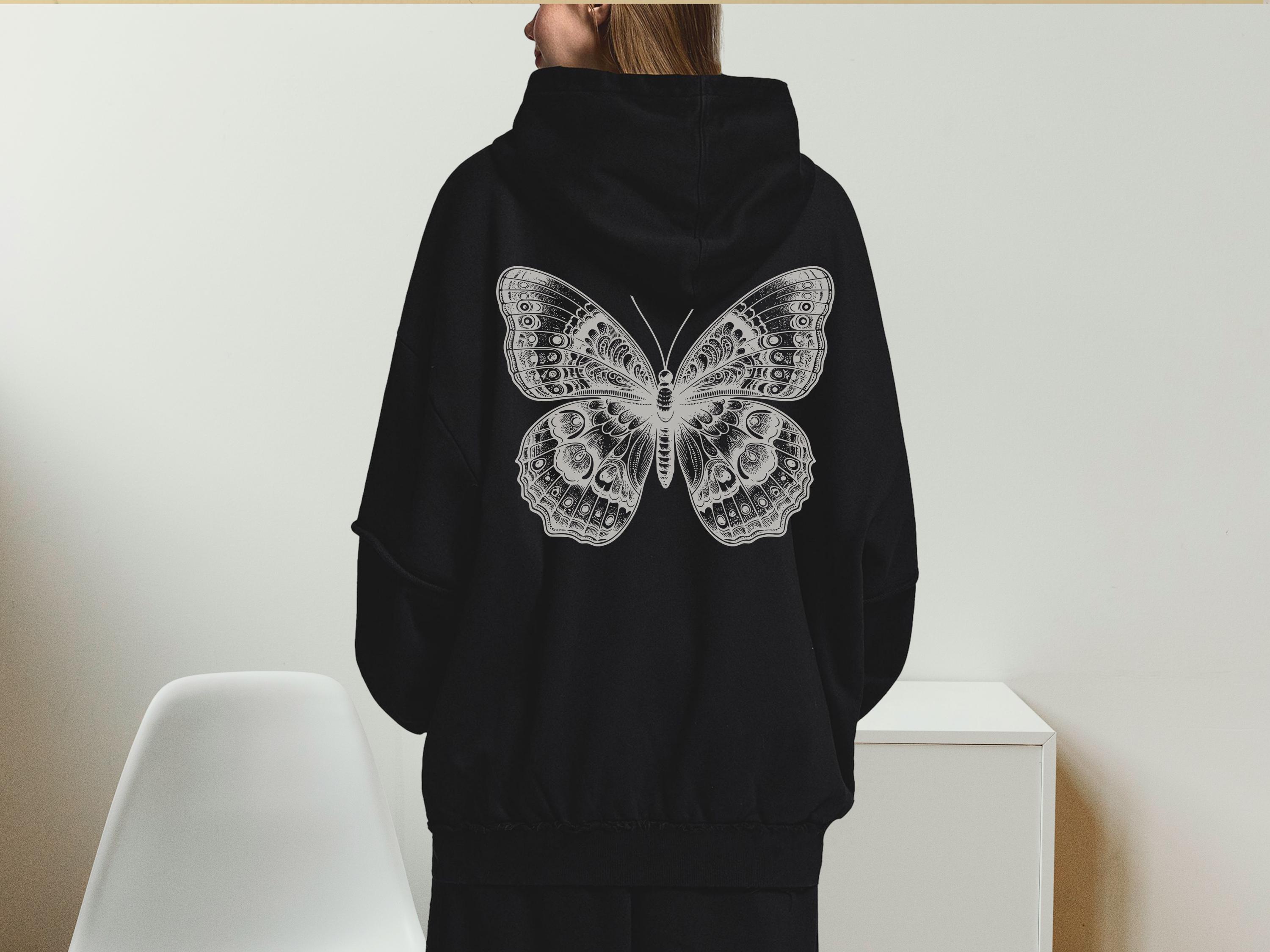 Butterfly Snow Wash Double Layered Hoodie, Raw Edge Gothic Graphic