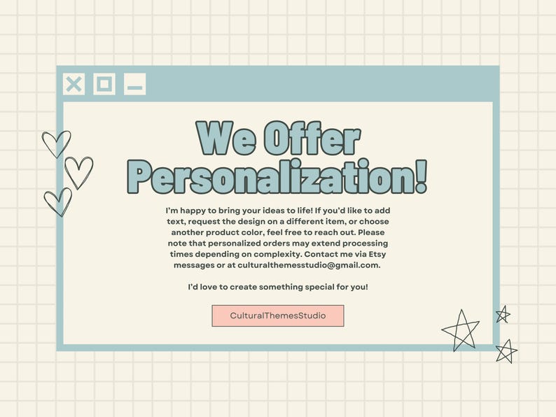 Peut inclure: Graphique bleu clair et cr&egrave;me avec le texte "We Offer Personalization!" dans un style r&eacute;tro. L'image comprend du texte sur les demandes de conception personnalis&eacute;es et les coordonn&eacute;es pour les commandes personnalis&eacute;es. Des c&oelig;urs et des &eacute;toiles d&eacute;coratifs sont &eacute;galement inclus.