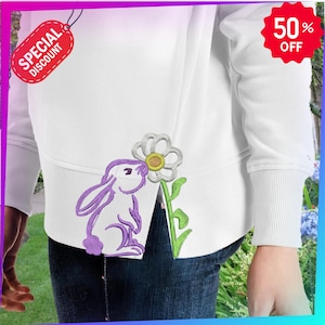 Easter Bunny Cute Little with Flowers, Split Side Seam, Side Knot, Farm Animal Machine Embroidery, Sweatshirt T-shirt Embroidery