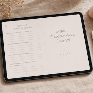 May include: A digital tablet displaying a journal page titled Digital Shadow Work Journal with a section for Chapter 1: Inner Child Wounds. The screen shows four reflective questions with blank lines for writing, accompanied by a white stylus pen.