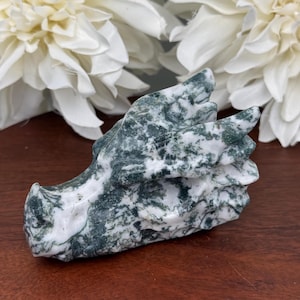 Moss Agate Dragon Head: Green Crystal Carving, Home Decor