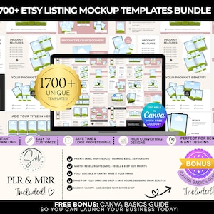 Può includere: Un pacchetto di modelli di mockup digitali per annunci Etsy, con oltre 1700 modelli unici. L'immagine mostra un laptop che visualizza vari mockup di prodotti, con testo che indica funzionalità come download immediato, facile personalizzazione e compatibilità Canva.