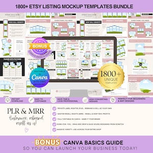Puede incluir: Un paquete digital de más de 1800 plantillas de maquetas para listados de Etsy en un monitor de computadora, editable en Canva. Incluye etiquetas de texto como 1800+ UNIQUE TEMPLATES, BONUS CANVA BASICS GUIDE y PLR & MRR, con varios diseños de maquetación para características.