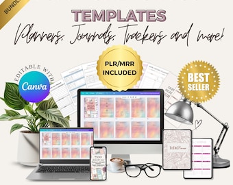 May include: A digital product bundle featuring 7500 editable templates for planners, journals, and trackers. The display includes a computer monitor, laptop, smartphone, and tablet showing template designs, alongside a desk lamp and plant.