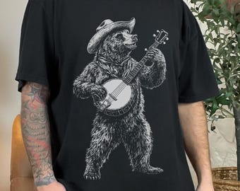 Funny Music Lovers Animal Shirt, Rocker Shirt, Bear Banjo Graphic T-Shirt, Bluegrass Musician Festival Tee, Comfort Colors Gift for Him Her