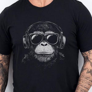 Music Lovers Graphic T-Shirt, Gift for Him Her, Monkey Shirt, Concert Tee, DJ Monkey Shirt, Rocker Shirt, EDM Shirt, Mens Womens Gift