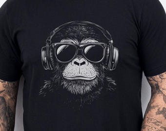 Music Lovers Graphic T-Shirt, Gift for Him Her, Monkey Shirt, Concert Tee, DJ Monkey Shirt, Rocker Shirt, EDM Shirt, Mens Womens Gift