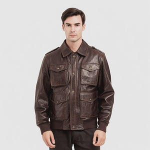 A2 Braune Lederjacke Herren Vintage Bomberjacke Klassische Militärflugjacke im Aviator-Stil