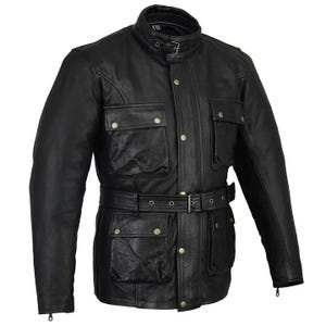 Chaqueta de moto de cuero negro encerado: estilo Cafe Racer Belstaff con protección CE