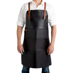 Handmade Black Leather Apron for Butchers with Front Storage Pockets– For Chef, BBQ, Butcher, Barber, Blacksmith