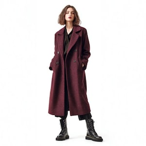 Abrigo de lana burdeos para mujer / Elegante abrigo largo de invierno, elegante chaqueta de lana cálida, acogedora prenda minimalista para la moda invernal.