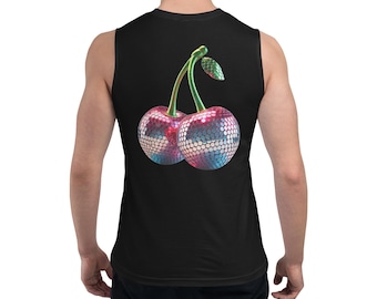 Mirrored Cherry Disco Ball Muscle Tank: Sleeveless Festival Shirt