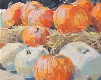 Orange and White Pumpkin Pile! Fall Harvest Pumpkins. Reproduction from Original Painting.