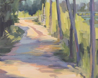 Print of Plein Air Painting on Canvas By Temple Skelton Moore, landscape, path, shadow, green, trees, kayaking, hiking, walk