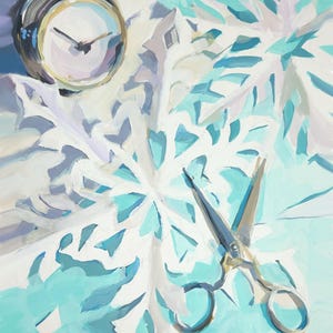 May include: An abstract painting featuring a silver pocket watch, a pair of scissors, and a white snowflake design on a turquoise background. The artwork uses a palette of blues, whites, and grays, creating a wintery theme.
