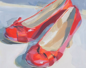 Print from Original Painting 'Her Favorite Pair', Red Shoes, Fashion, Dress Up, Vintage, Christmas Shoes, Art Reproduction