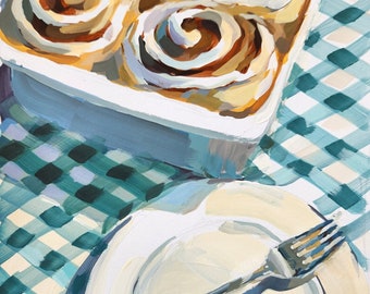 Reproduction d'une peinture représentant des petits pains à la cannelle sur une nappe à carreaux bleus, produits de boulangerie, boulangerie, pâtisserie maison