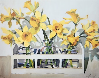 Painting 'The Very First Ones' print from original painting of yellow daffodils in bottles on neutral backgound