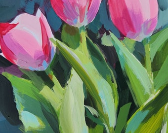 Reproduction Print of Very Pink Tulips from the garden
