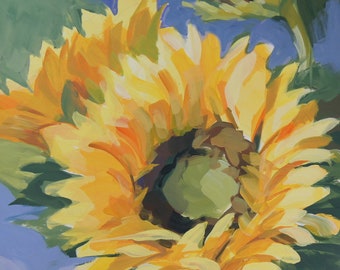 Print from Painting of Yellow Sunflower on Blue Background Limited Edition Perfect for Fall Decor