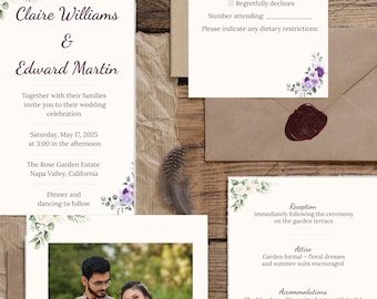 Romantic Watercolor Floral Wedding Invitation Canva Suite Template | RSVP & Details Card | Digital Download