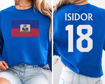 Isidor #18 Haiti Flag Inspired Jersey Style Graphic Tee, 2-Sided Star Player Tribute For Fans, Soccer World Tournament Gift Unisex T-Shirt