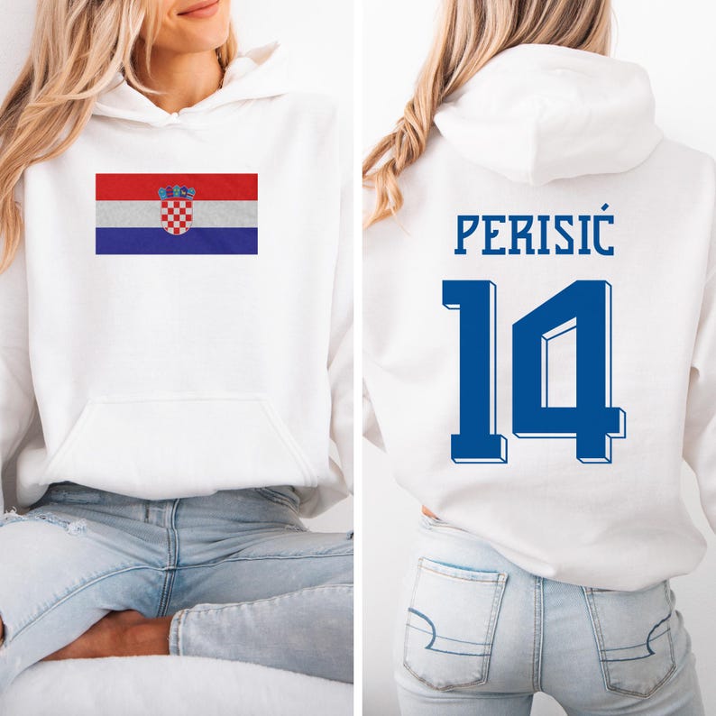 A white hoodie with a Croatia flag and the number 14 printed on the back.