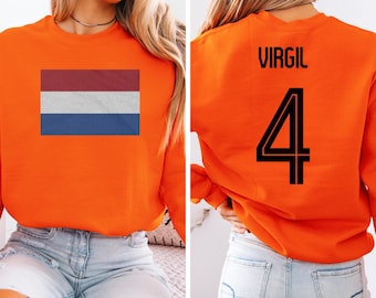 Virgil #4 Netherlands Flag Inspired Jersey Style Graphic Tee, 2-Sided Star Player Fans Tournament, Soccer World USA Supporters Unisex Tshirt