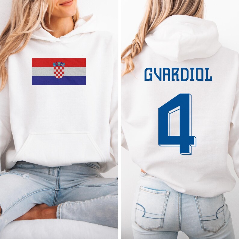A white hoodie with a Croatia flag and the number 4 printed on the back.