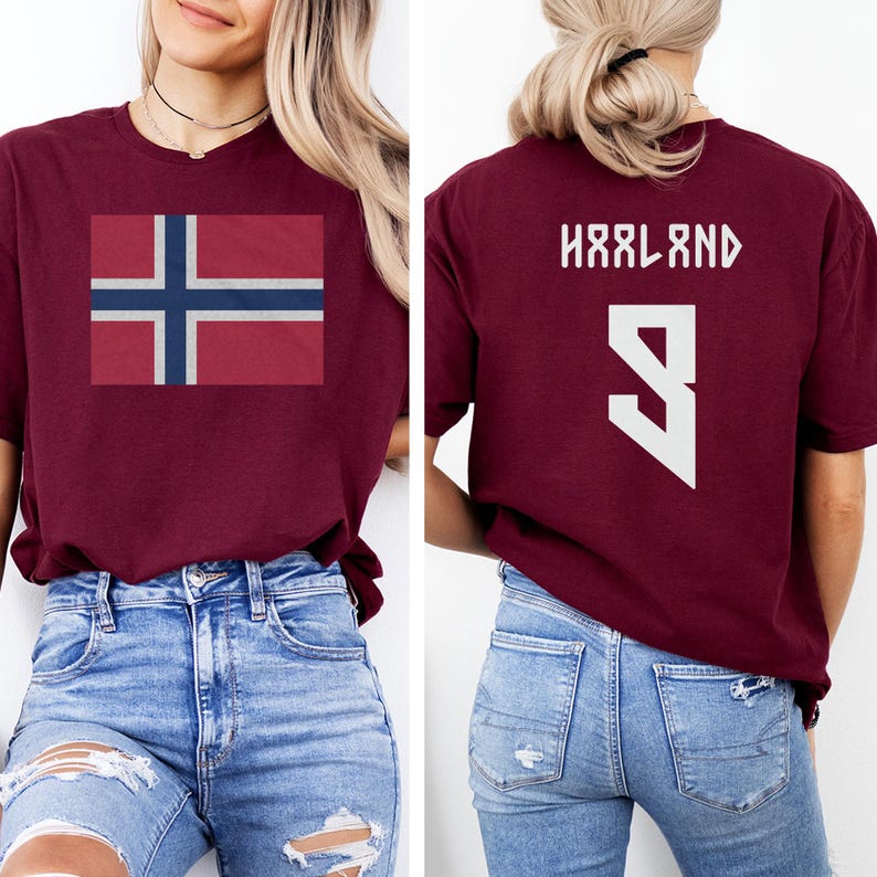 A woman wearing a burgundy t-shirt with the flag of Norway and the number 9 printed on it.