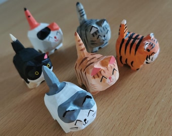 Hand Carved Wooden Cat Figurine - 6 Styles to Choose, Christmas Decoration, Birthday Gift, Desktop Decor
