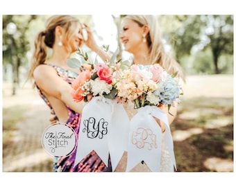 Bouquet Sash, Embroidered Monogrammed Prom Sash, Homecoming Sash, HOCO Sash, Wedding Bridesmaid Bouquet Ribbon Sash Wrap