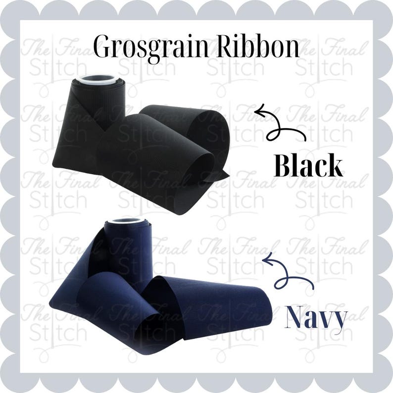 May include: Two spools of grosgrain ribbon, one black and one navy blue, are displayed with the text Grosgrain Ribbon, Black, and Navy. Each spool shows the ribbon unwinding, highlighting the solid matte texture of the fabric material.