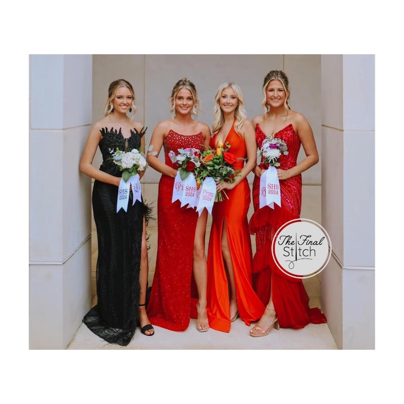 May include: Four floor-length gowns in black and red shades, each featuring a high leg slit and a bodice with unique textures. Each gown is paired with a white ribbon bouquet wrap printed with SHS 2024. A circular logo reads The Final Stitch.