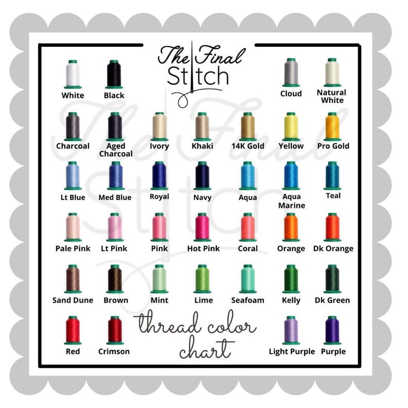 May include: A thread color chart titled The Final Stitch featuring forty-two individual spools of embroidery thread arranged in a grid. Each spool is labeled with its corresponding color name, including white, black, charcoal, gold, blue, pink, green, and purple shades.